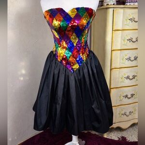 Vintage 90s Harlequin Sequin Strapless Dress ✨